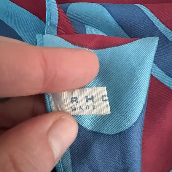 Vintage Rhodia Square Scarf Blue Red Wave Swirl Made in Italy - Picture 4 of 7